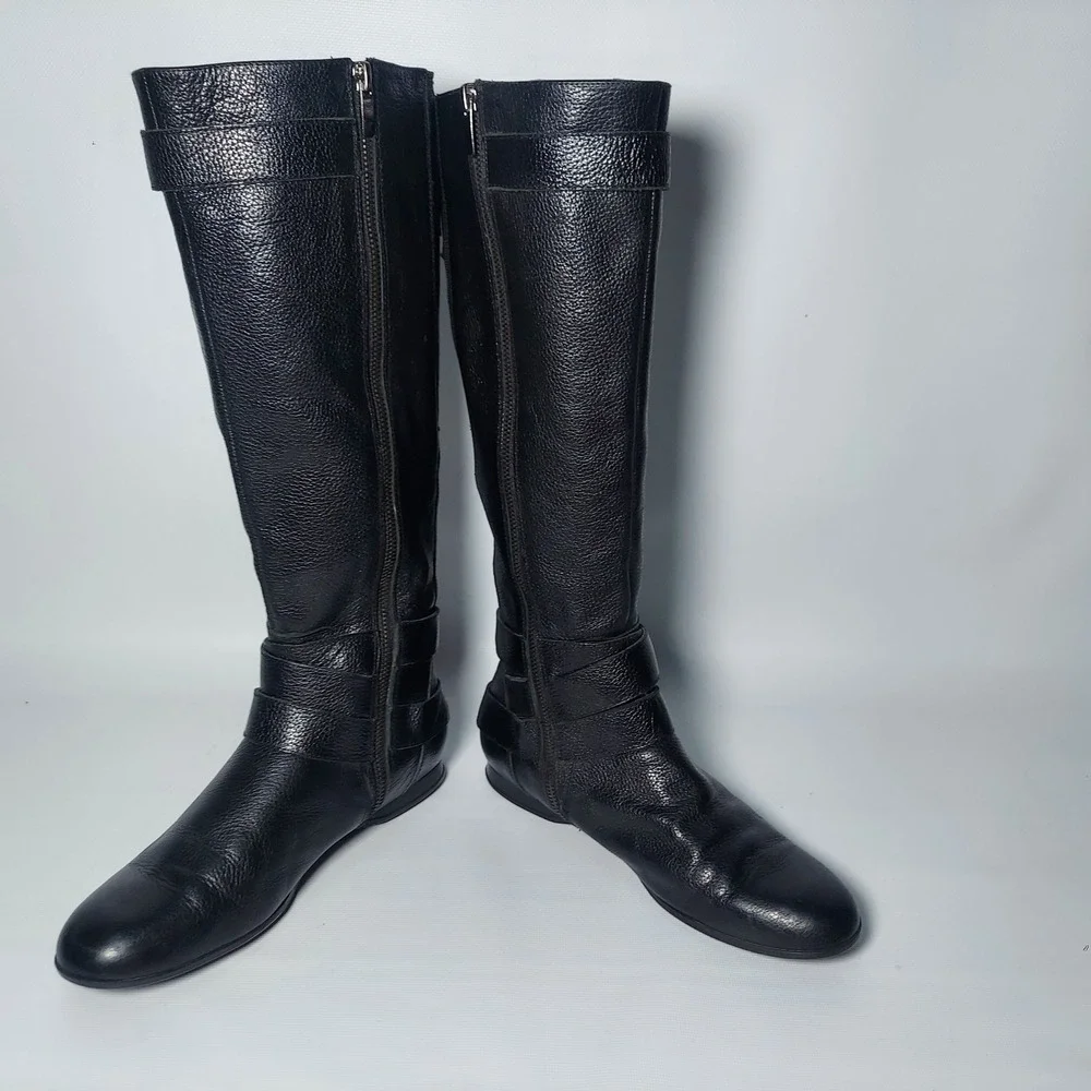 Enzo Angiolini Leather Boots Women 7.5 Black Calf High Riding Buckle Zip Fashion